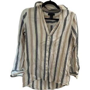 Tahari Striped Linen Blend Top Button Up V-Neck